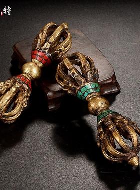 欧斯特 尼泊尔铜造旧橛 镶嵌绿松石九股金刚宝杵大号 金刚摆件