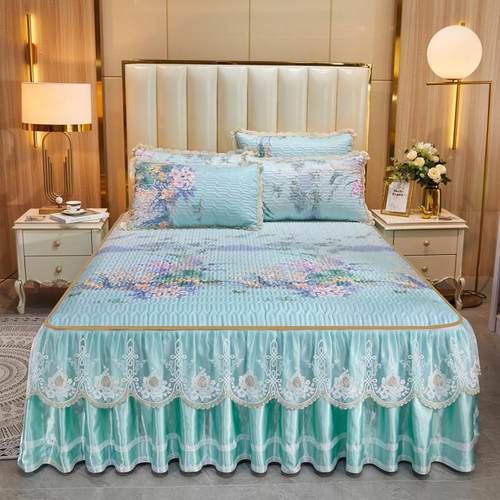 夏季凉席冰丝席三件套床裙款空调软席蕾丝床罩席子套件可脱卸机洗