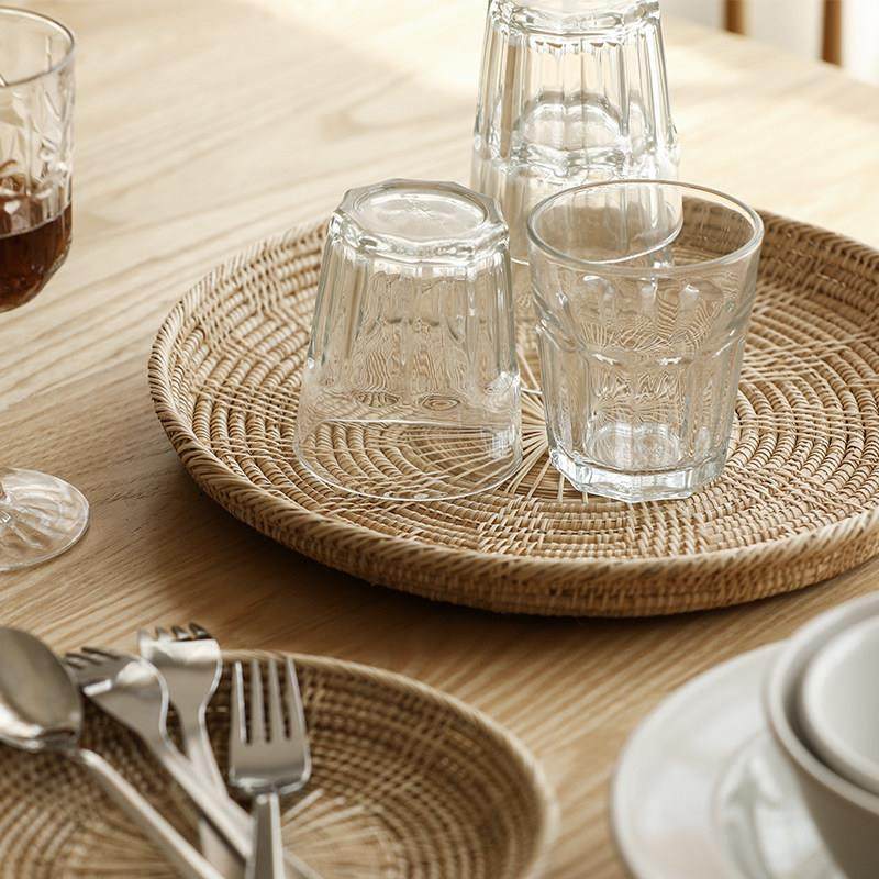 藤编圆形茶杯托盘日式零食面包水果盘纯手工编织收纳筐越南竹编篮,餐饮具,盘,淘宝优惠券,粉丝福利购,淘宝优惠卷