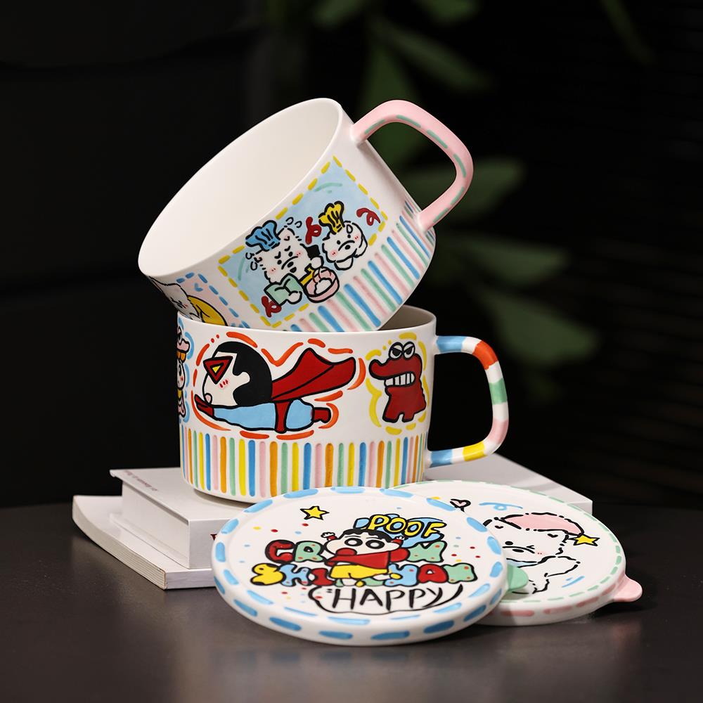 景德镇陶瓷带盖泡面碗大容量可微波带手柄手绘可爱釉下彩学生宿舍