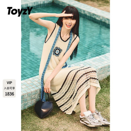 ToyzY亚麻法式钩针无袖连衣裙女夏季度假风针织背心裙ZC35206540