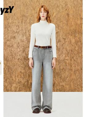 ToyzY浅灰色加绒牛仔裤女直筒窄版阔腿裤2025冬新款ZC35520350