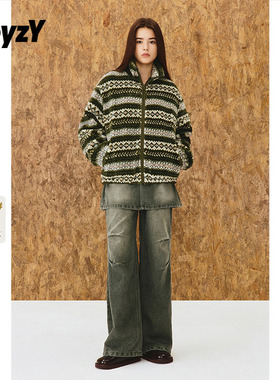 ToyzY绿色费尔岛仿羊羔绒立领外套女宽松2025冬季新款ZC35510180