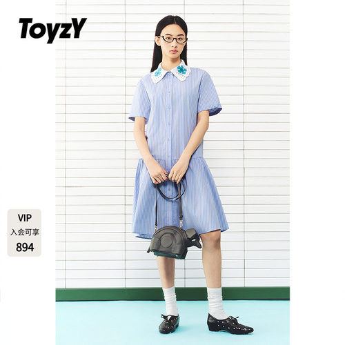 ToyzY撞色毛织领衬衫裙2026夏季新款条纹拼接连衣裙ZC36205410