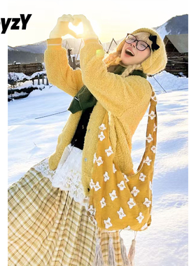 ToyzY多巴胺黄色仿羊羔绒棒球服外套女宽松夹克ZC34510040