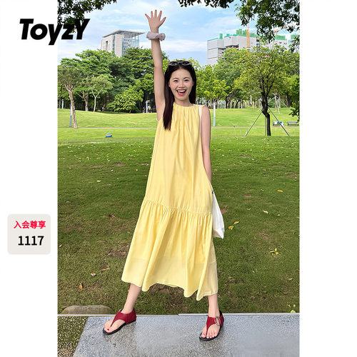 ToyzY鹅黄色无袖连衣裙女夏季长款度假风背心裙ZC35305430