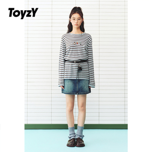 ToyzY2026春季新款趣味绣花圆领条纹T恤女上衣ZC36106790