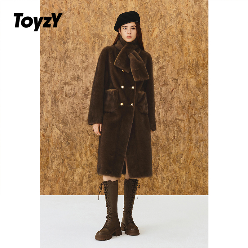 ToyzY环保仿皮草外套女长款含围巾毛绒大衣2025冬新款ZC35510530