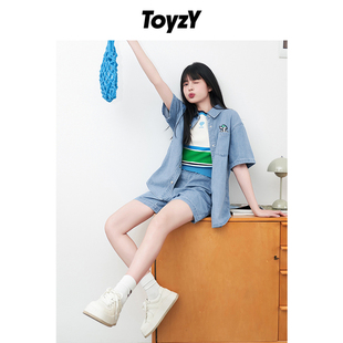 牛仔衬衫 天丝棉短袖 夏季 女上衣 ToyzY 复古牛仔短裤 博主同款