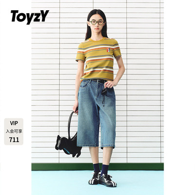 ToyzY复古彩色条纹圆领短袖2026秋季新款撞色刺绣T恤ZC36360030