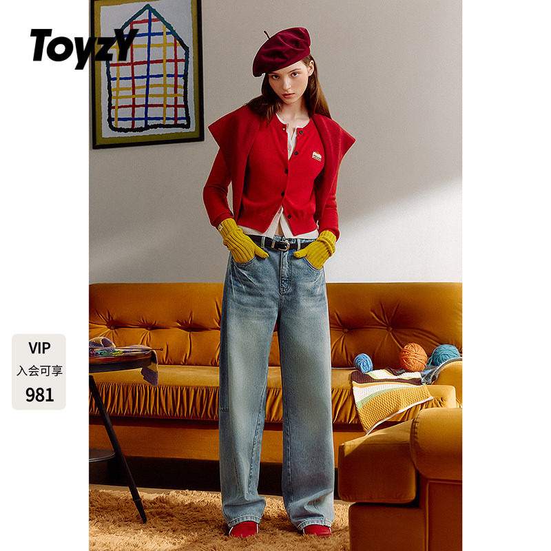 ToyzY红色针织开衫女短款绵羊毛可爱刺绣2025冬新品ZC35506040