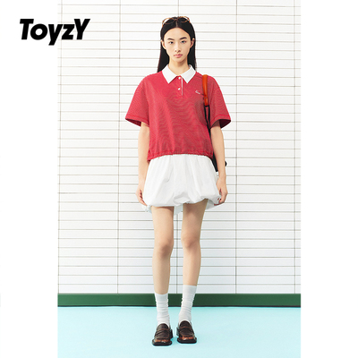 ToyzY2026夏季新款撞色翻领条纹针织短款T恤女上衣ZC36260010