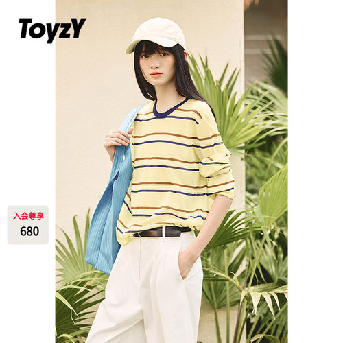 ToyzY多巴胺撞色条纹针织罩衫宽松慵懒长袖T恤女夏季ZC35206090