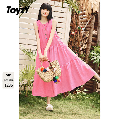 ToyzY彩色扣子亚麻无袖连衣裙女夏季度假风宽松长款ZC35205680