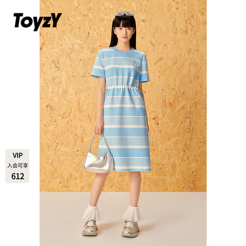 ToyzY2025夏季新款蓝白条纹抽绳松紧腰短袖T恤连衣裙休闲风