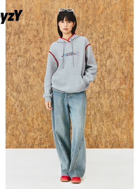 ToyzY灰色连帽卫衣宽松落肩贝壳绣趣味字母2025冬新款ZC35560030