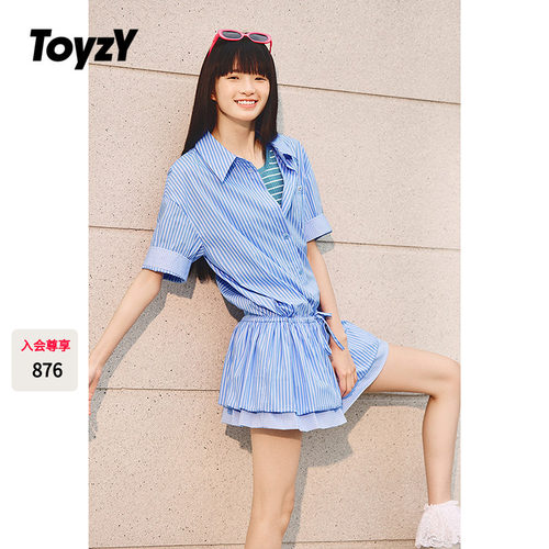 ToyzY条纹衬衫式连衣裙短款夏季miu系拼接格纹花苞短裙ZC35205190