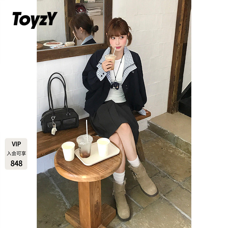 ToyzY 拼接格纹短外套女2025秋新款假两件宽松夹克ZC35310330