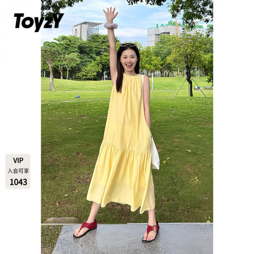 ToyzY鹅黄色无袖连衣裙女夏季长款度假风背心裙ZC35305430