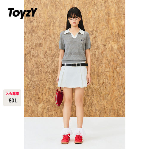 ToyzY灰色翻领针织短袖女夏季薄款竹节纱透气小狗刺绣ZC35306620