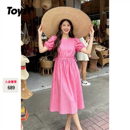 ToyzY可爱风泡泡袖连衣裙女夏季莱赛尔格子纱休闲ZC35205090