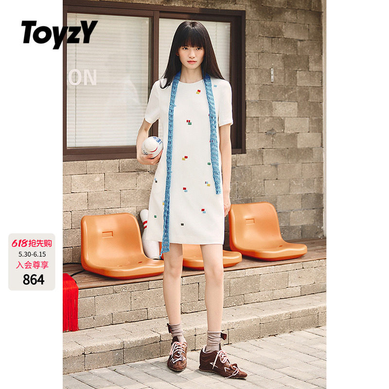 ToyzY彩色串珠三醋酸短袖连衣裙女夏季宽松直筒休闲风ZC35205580