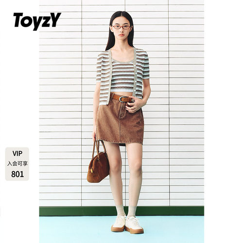 ToyzY撞色条纹v领短袖针织开衫女2026秋季新款ZC36306370