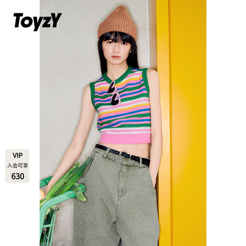 ToyzY多巴胺彩虹撞色条纹圆领针织背心上衣女短款夏季ZC35204060