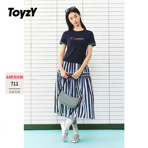 ToyzY2026夏季新款修身钉珠Summer女上衣拼接撞色T恤ZC36260110