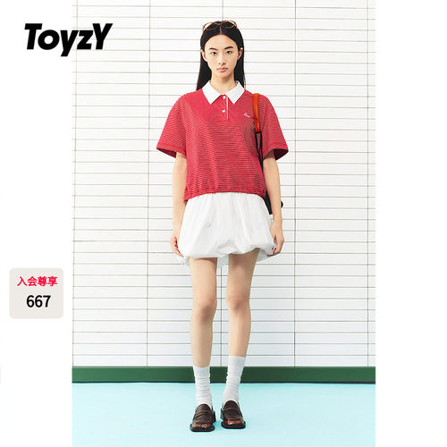 ToyzY2026夏季新款撞色翻领条纹针织短款T恤女上衣ZC36260010