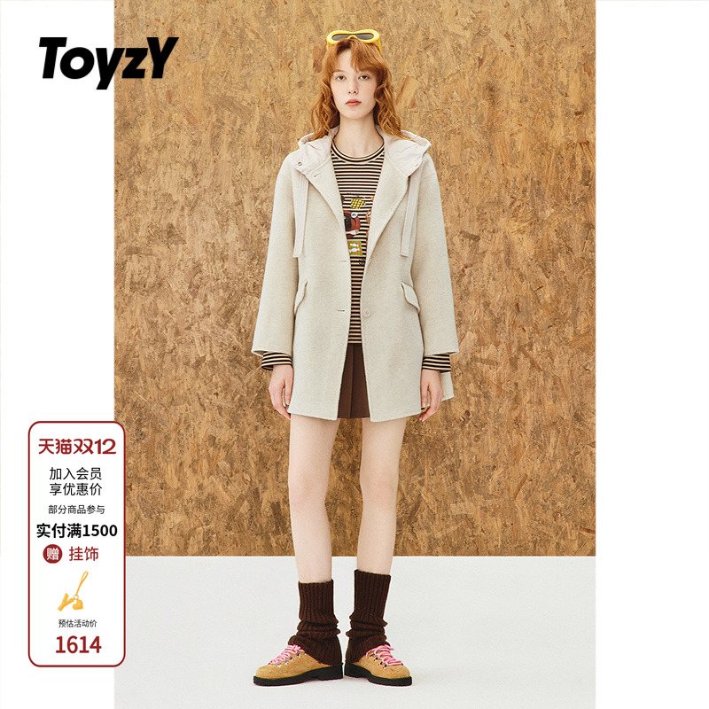 ToyzY羊毛羊驼毛羽绒连帽大衣外套女中款2025冬新品ZC35510350