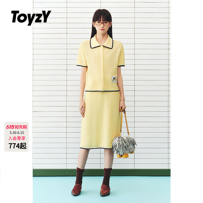 ToyzY多巴胺钩针翻领短袖针织开衫女/直筒半身裙度假风