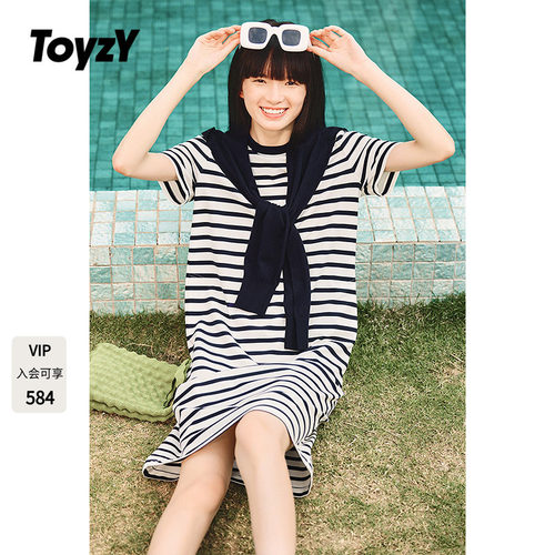 ToyzY航海系条纹短袖连衣裙休闲风T恤裙夏季直筒显瘦（赠披肩）