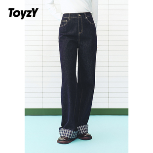 ToyzY2026春季新款装料翻折格纹直筒裤牛仔裤女裤ZC36120060