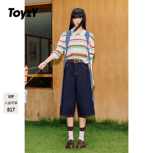ToyzY2025年秋新款刺绣章仔深蓝牛仔七分裤女中裤ZC35320260