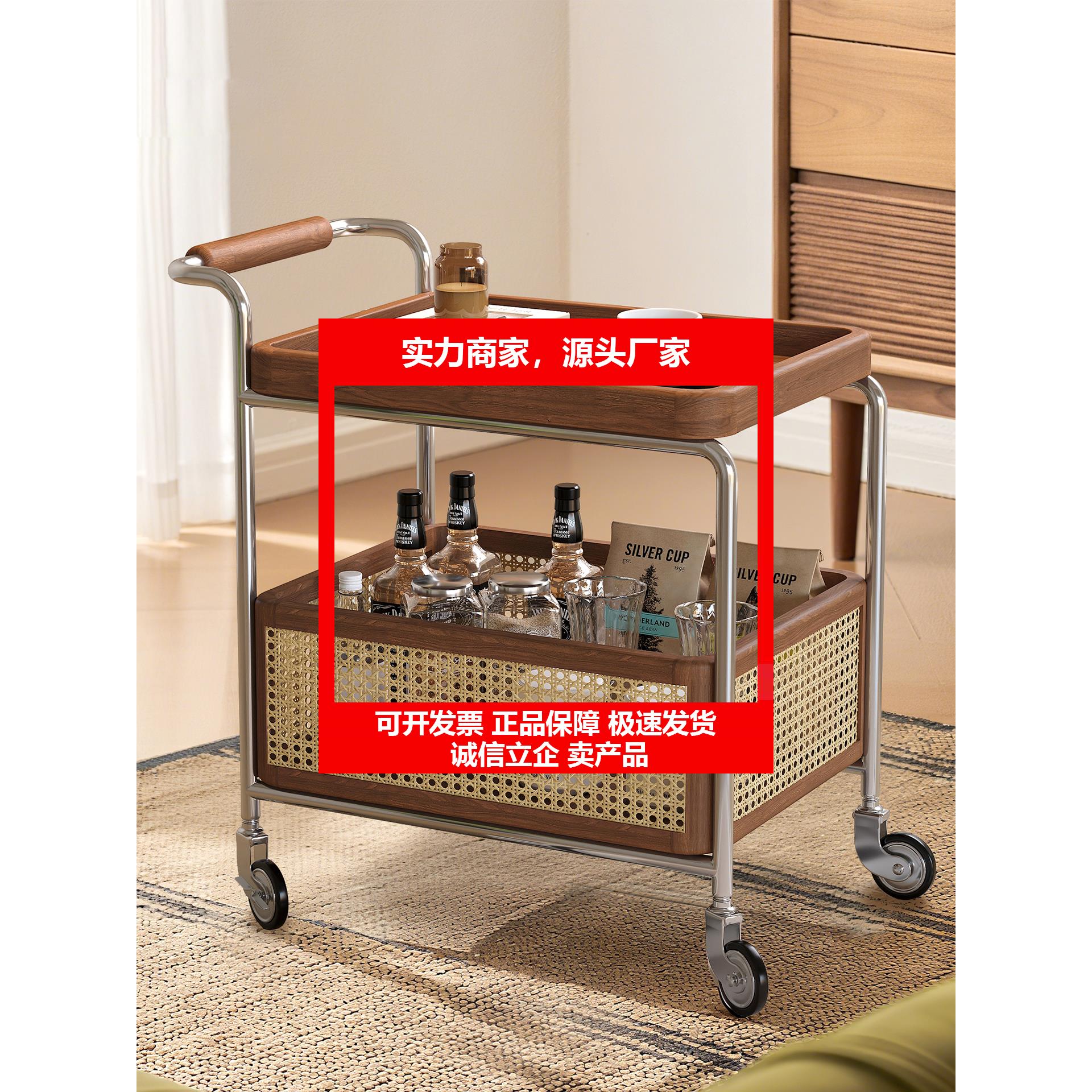 新款实木中古风小推车茶几客厅家用小户型可移动设计复古沙发带轮