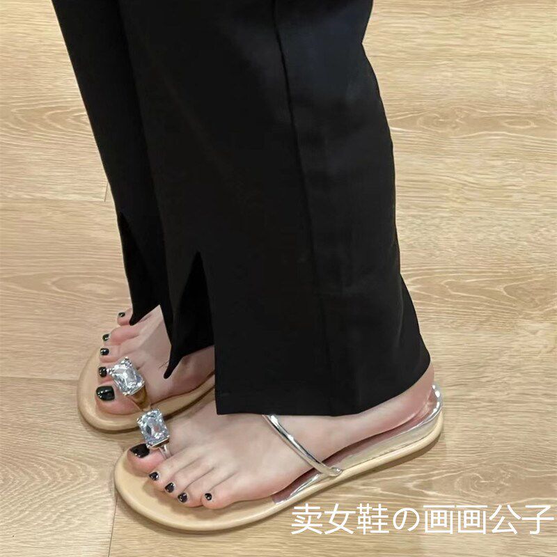 高货法式平底套趾一字拖鞋仙鞋子2024新款气质夏季水钻外穿凉拖凉