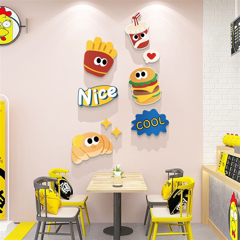 现货速发汉堡店墙面装饰用品餐饮炸鸡厅背景小吃创意玻璃门吧台贴