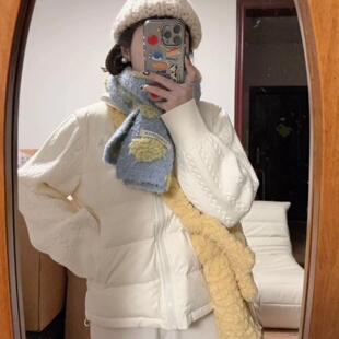 2025冬季韩系宽松翻领加厚保暖女生百搭针织袖拼接羽绒服短款棉服