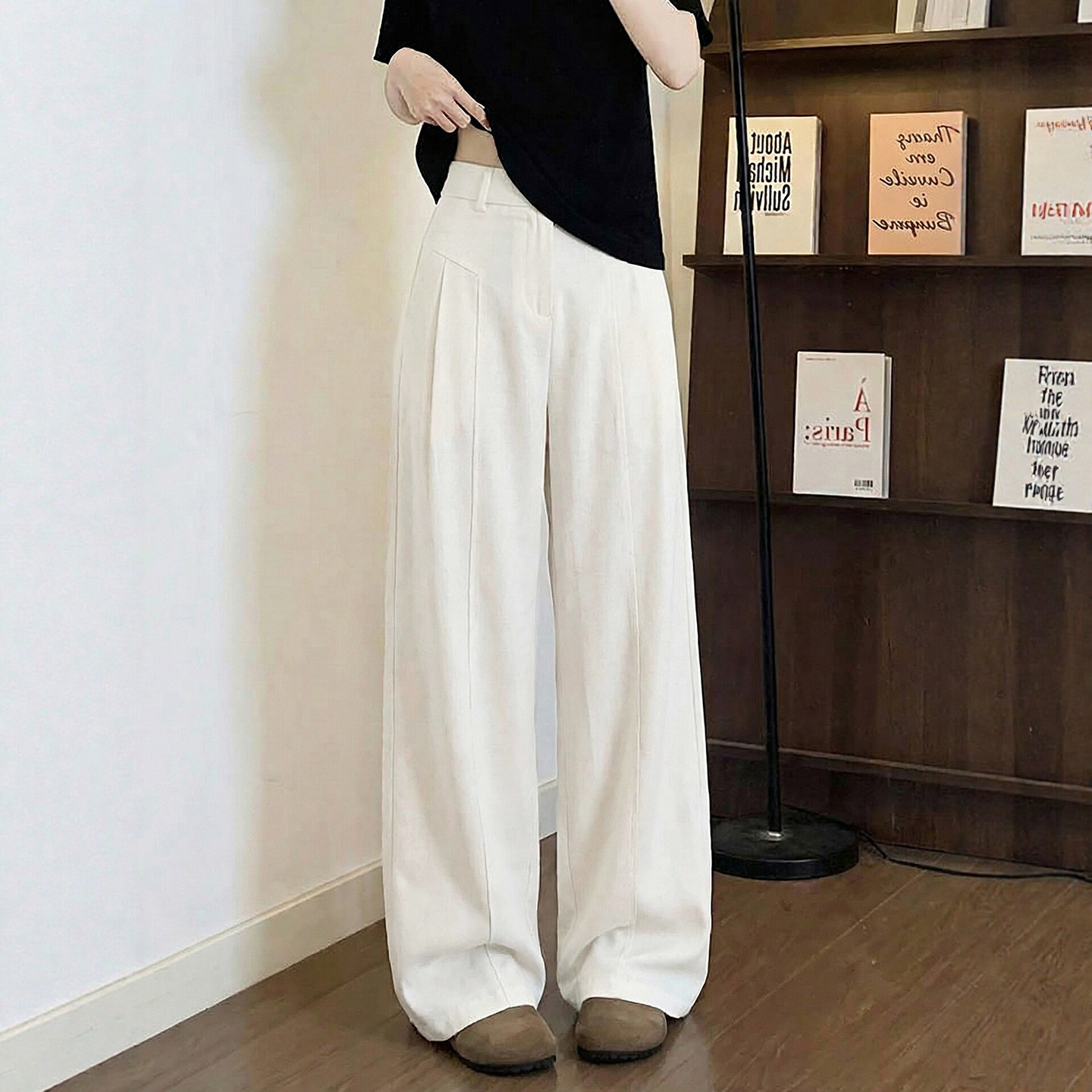 白色天丝亚麻西装裤女2026新款夏季高腰垂坠感老钱风冰丝阔腿裤子