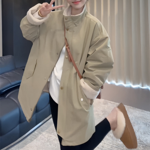 羊羔毛拼接风衣派克服 外套女2025新款 韩系立领加绒加厚中长款 冬季