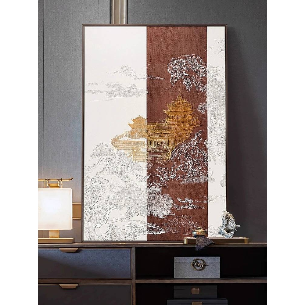 入户玄关立体浮雕挂画酒店过道壁画新中式山水楼阁高档大气装饰画图片