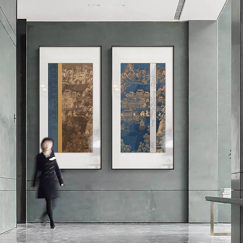 千里烟泼新中式古建筑玄关装饰画走廊过道挂画酒店大厅壁画复古图片