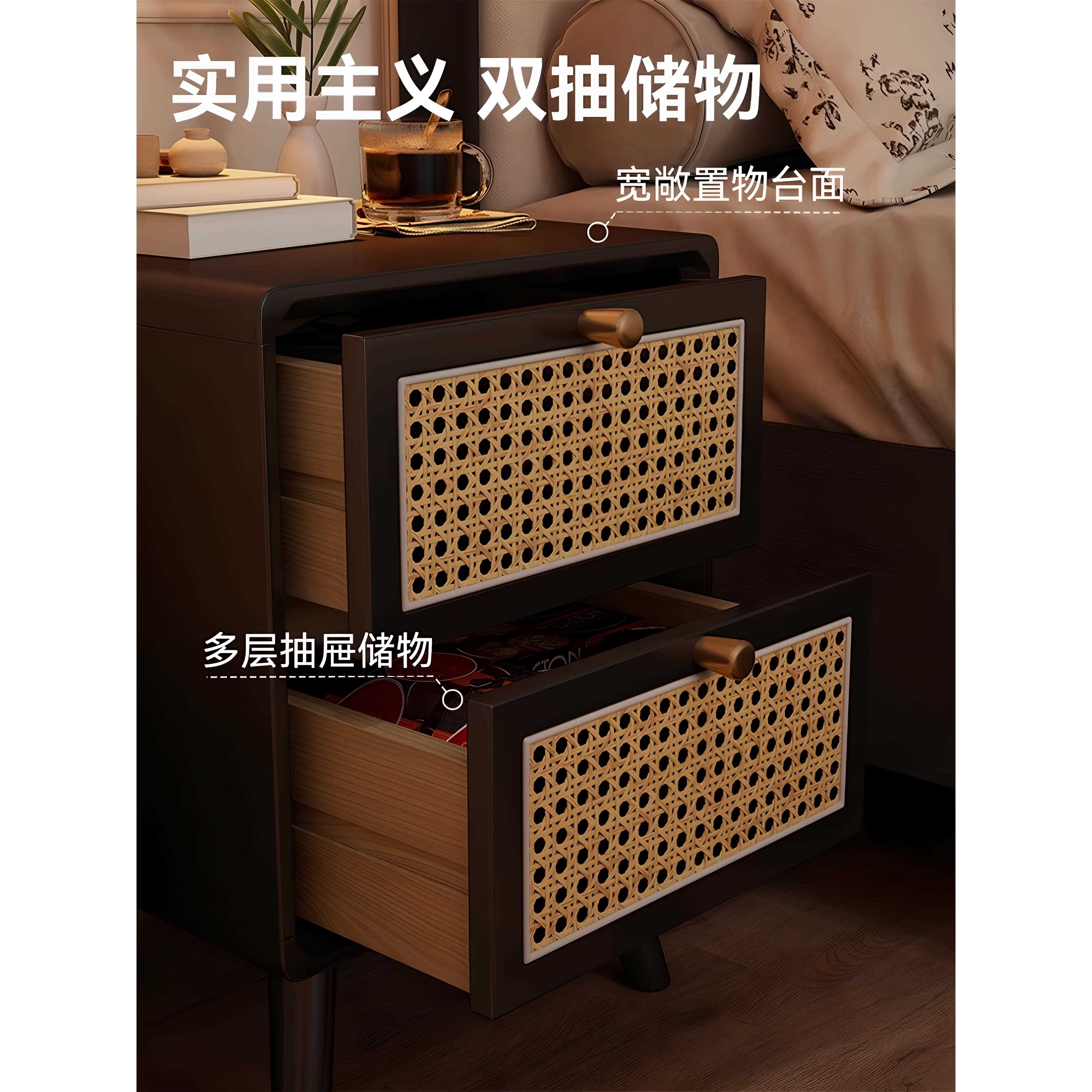 中古法实木床柜家用室小型头式复卧T28古藤编小众设计感感床边柜