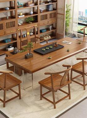 新轻中实木大板茶桌椅组合现代茶室办式公室简QCO约风原木家用茶