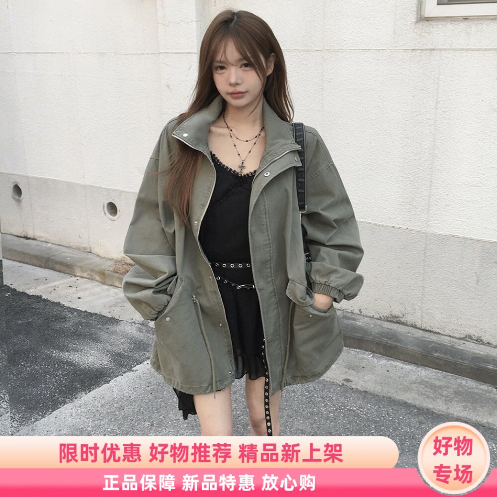 韩版工装风衣女抽绳收腰