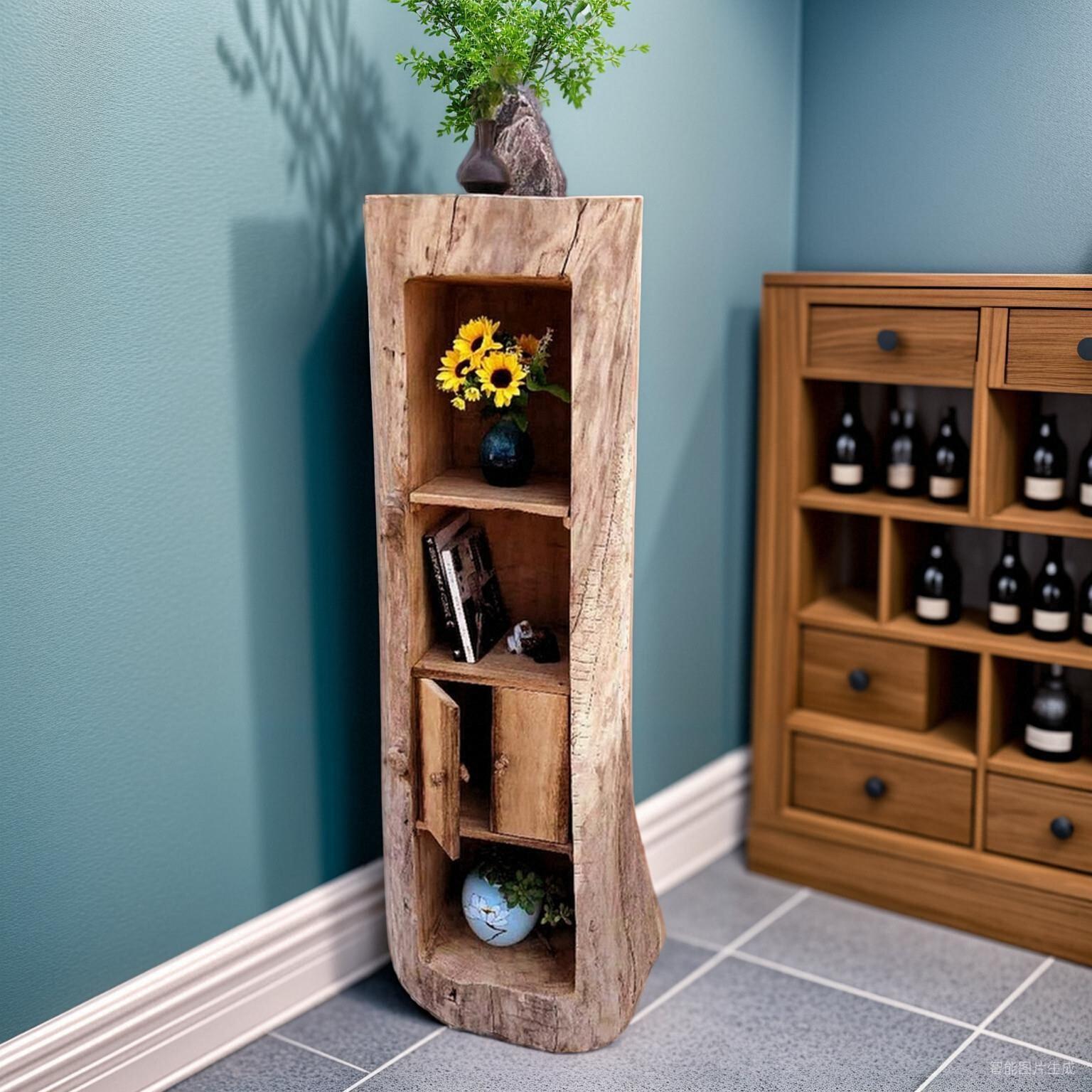 原木书架墙角窄长置物架客厅卧室落地实木根雕茶架子桌面创意书柜