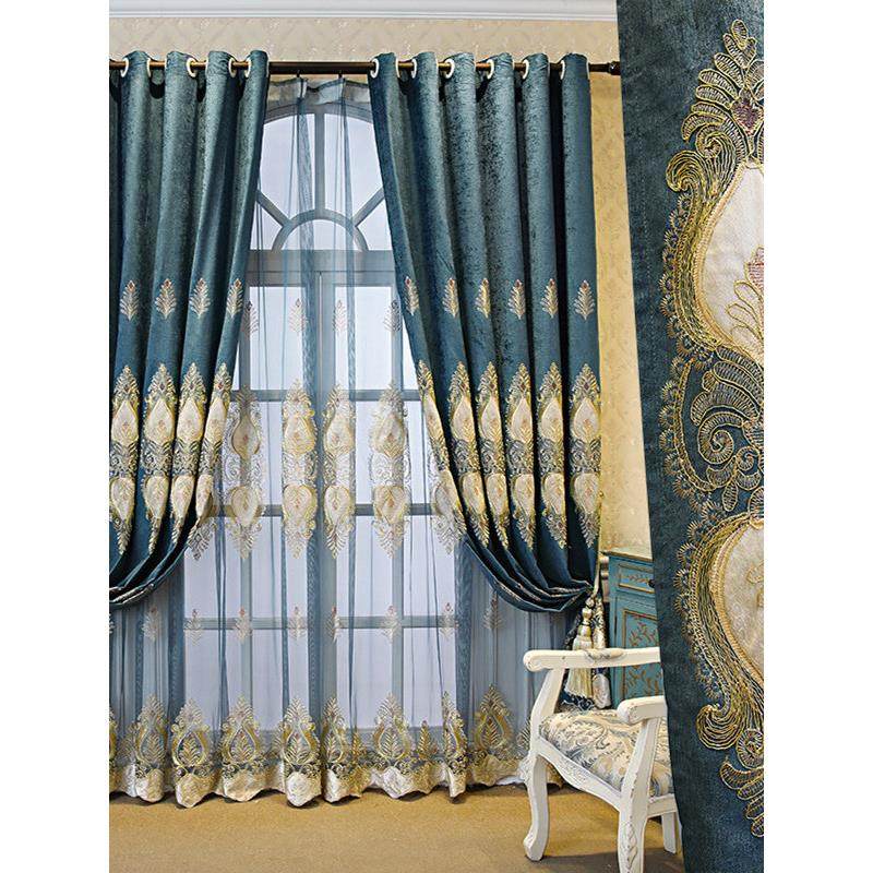 新款欧式绣花窗帘卧室简约客厅奢华雪尼尔高档大气成品遮光落地窗