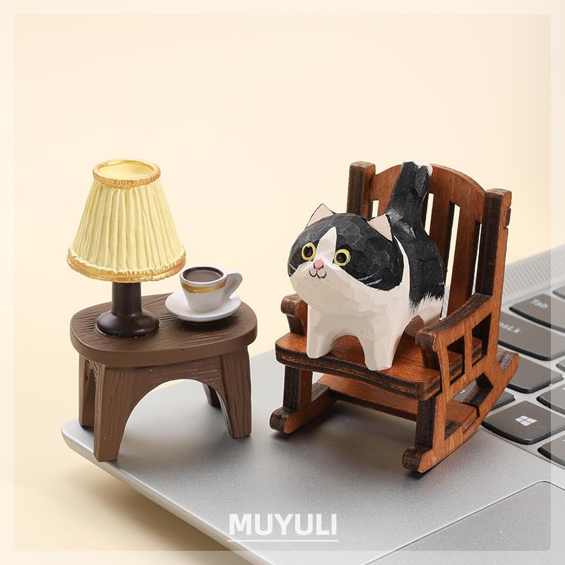 手工木雕奶牛猫丨小猫咪办公室工位电脑桌面摆件创意装饰品可爱女