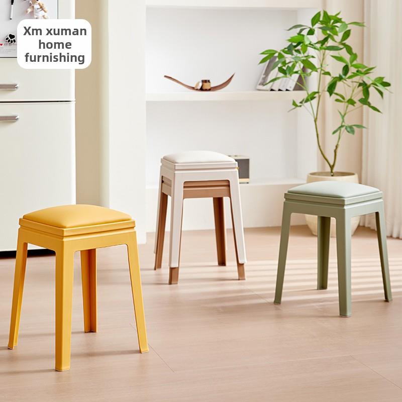 家用现代软包塑料凳子简约可叠放餐凳加厚餐桌高凳餐椅客厅方板凳